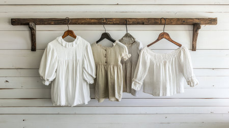 This image features a stylish arrangement of white and beige blouses neatly hanging on a rustic wooden rack, ideal for fashion, decor, or lifestyle themes.の素材