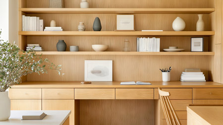 This modern minimalist workspace features wooden shelves adorned with pottery and art pieces. The neutral color scheme promotes inspiration and creativity.の素材