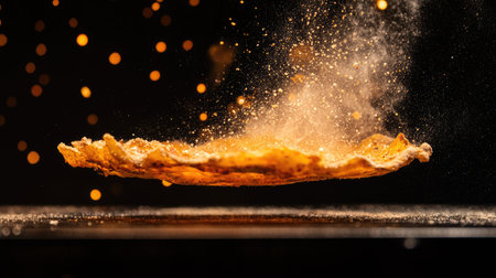 Discover a captivating floating dessert captured in mid-air, surrounded by a magical sprinkle of powdered sugar, creating a moment of culinary delight.の素材