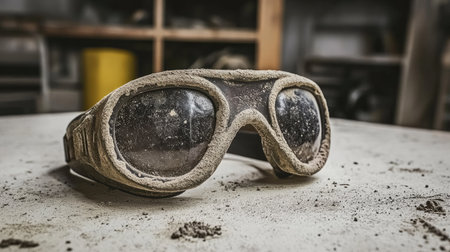 A close-up view of dusty and worn safety goggles resting on a cluttered workbench. Surrounding dirt and grime highlight the rugged environment of a workshop.の素材