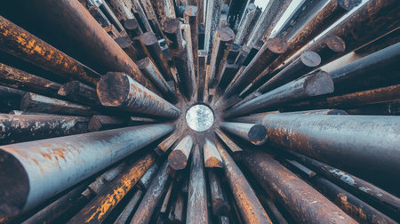 A captivating perspective view of aged and rusty metal pipes arranged in a circular formation, creating an intriguing focal point of light in the center.の素材