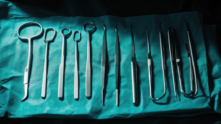 Close up of various surgical instruments arranged neatly on a green cloth, highlighting the importance of precision, hygiene, and organization in medical procedures.の素材