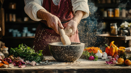 A skilled chef passionately grinds fresh herbs and spices in a rustic kitchen setting, showcasing culinary creativity and the beauty of food preparation.の素材