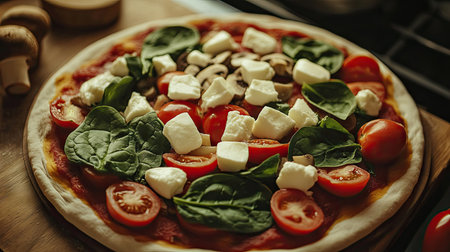 This image showcases a vibrant pizza topped with fresh spinach, tomatoes, cheese, and mushrooms, capturing the essence of homemade culinary delight. Perfect for food lovers.の素材