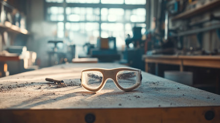 A pair of safety glasses rests on a wooden workbench filled with dust, showcasing tools and a well-used workshop environment. Natural light emphasizes the craftsmanship atmosphere.の素材