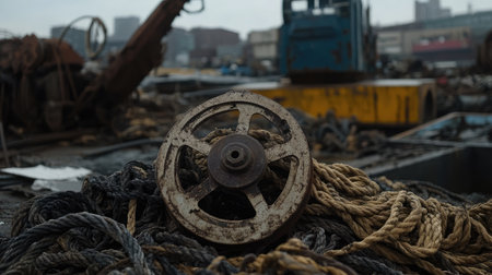 A close-up view of a rusted wheel resting on tangled ropes showcases the rugged beauty of an abandoned dock filled with industrial remnants.の素材
