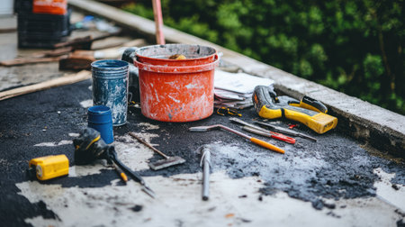 A close-up view of various tools and equipment spread across a construction site, featuring a paint bucket and essential instruments for repair work and renovations.の素材