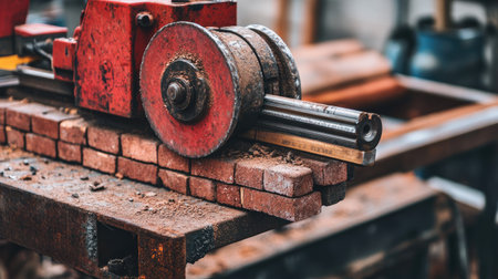 This image showcases a red industrial machine operating on a wooden workbench covered with bricks, highlighting the precision and craftsmanship in a workshop environment.の素材