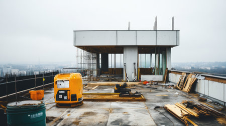 A scene depicting a modern rooftop construction site featuring machinery, building materials, and scaffolding set against a gray, cloudy sky.の素材