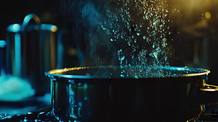 A captivating scene of steam rising from a cooking pot filled with water, creating an atmosphere of culinary magic in a dimly lit kitchen.の素材