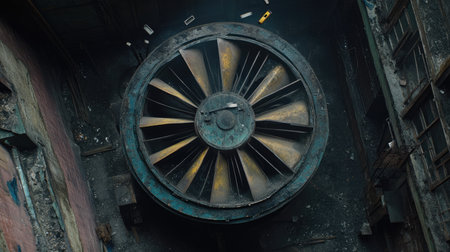 This aerial view captures a large industrial ventilator in an abandoned factory, highlighting the intricate design and layers of decay in the environment.の素材