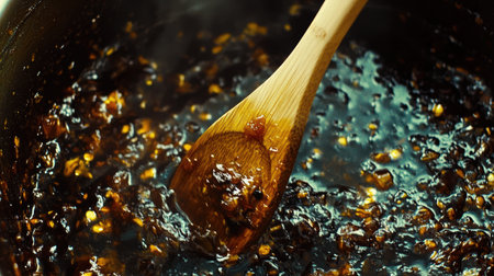 A close-up view of a rich, aromatic sauce simmering in a pot, stirred by a wooden spoon. This image captures the glossy texture and vibrant color, perfect for culinary inspiration.の素材