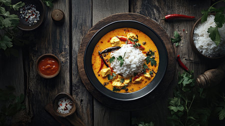 A colorful plate of Indian curry accompanied by fluffy rice and fresh herbs, styled on a rustic wooden table for an inviting culinary experience.の素材