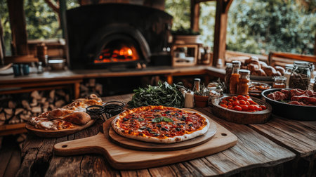 A mouthwatering freshly baked pizza sits on a wooden table, surrounded by vibrant ingredients and a cozy outdoor kitchen, perfect for gatherings.の素材