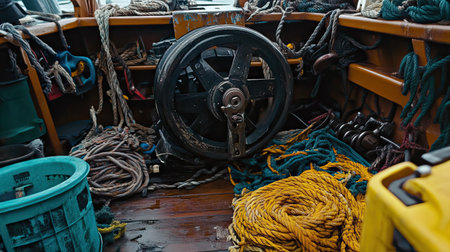 This image captures the detailed interior of a fishing boat, featuring an intricate wheel, colorful ropes, and a rugged workspace filled with essential nautical equipment.の素材