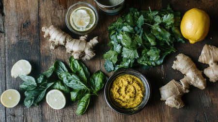 A vibrant and fresh layout of ginger, lemon, cilantro, and spices on a rustic wooden surface, perfect for culinary inspiration and healthy cooking ideas.の素材