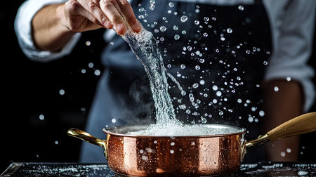 A chef gracefully sprinkles sea salt into a copper cooking pot filled with boiling water, creating an impressive splash. The scene captures the essence of culinary artistry and precision in a professional kitchen setting.の素材