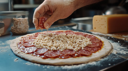 A close-up image of a hand sprinkling cheese on a pizza topped with pepperoni, set in a cozy kitchen, showcasing the art of homemade cooking.の素材