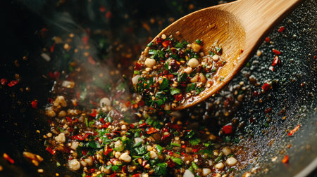 A vibrant mixture of spicy sauce simmering in a bowl, featuring fresh herbs, spices, and a wooden spoon. Perfect for lively culinary creations.の素材