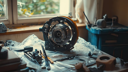 A well-organized industrial workspace showcases a machine component at the center, surrounded by various tools, highlighting creativity and engineering.の素材