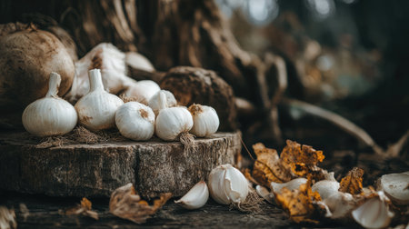 A beautiful composition of fresh garlic bulbs and cloves set on a wooden surface, surrounded by autumn leaves, evoking a rustic and natural ambiance.の素材