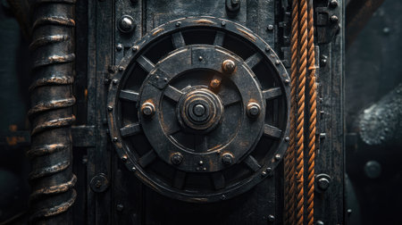 A close-up view of an intricate vintage vault door showcasing detailed metalwork, rugged texture, and industrial design elements, perfect for historical themes.の素材