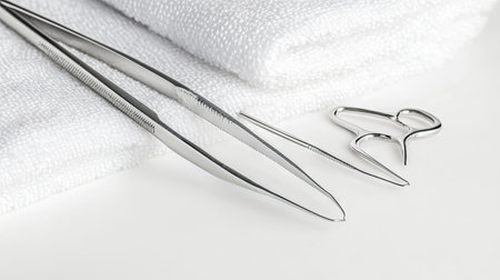 This image displays a selection of precision surgical instruments laid on a clean white towel, showcasing essential tools for medical procedures.の素材
