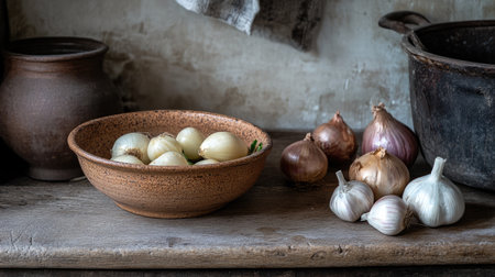 A rustic kitchen scene featuring a brown bowl of fresh garlic and onions on a wooden table, evoking a sense of warmth and culinary charm.の素材