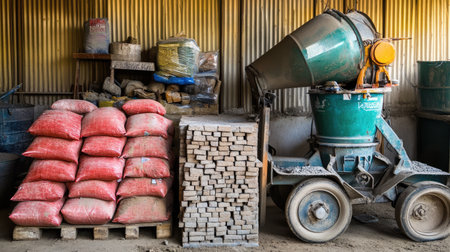 A construction site featuring neatly stacked cement bags and a concrete mixer in a well-organized warehouse. Ideal for illustrating building material preparation.の素材