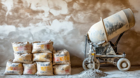 A construction site featuring a cement mixer alongside stacked bags of cement against a freshly plastered wall. This image captures essential building materials for renovation and construction projects.の素材