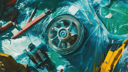 Captivating overhead view featuring industrial tools and materials scattered on a plastic sheet, highlighting a car wheel hub at the center in vibrant colors.の素材