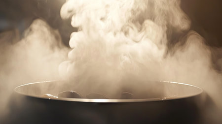 A captivating scene featuring steam rising from a pot in a softly lit kitchen. The image evokes warmth and a cozy ambiance ideal for culinary creations.の素材