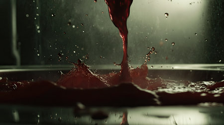 An enchanting display of vibrant red liquid splashing dramatically against a dark backdrop, enhanced by striking light effects and intricate textures.の素材