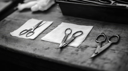 A striking monochrome image showcasing various scissors laid out neatly on a tablecloth. Highlighting craftsmanship and precision, this photo is ideal for projects related to sewing, tailoring, and DIY crafts.の素材