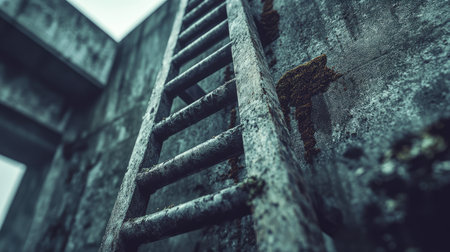 A weathered metal ladder rises against a rough concrete wall in an abandoned urban area, showcasing a blend of decay and beauty in industrial architecture.の素材
