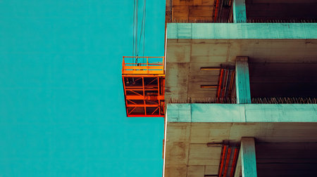 An industrial construction scene showcasing a crane platform poised against a vibrant blue sky, highlighting modern building techniques and urban development.の素材