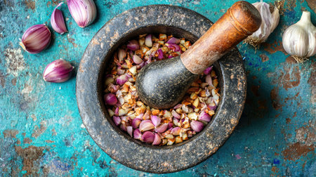 This image showcases a traditional mortar and pestle used for grinding fresh garlic and shallots, capturing the essence of culinary artistry and rustic charm.の素材