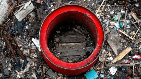 An aerial view of a circular red object surrounded by various forms of debris and trash in an urban setting. The image highlights themes of neglect and environmental degradation.の素材