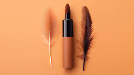 This artistic flatlay features a makeup cosmetic product with an application wand, elegantly arranged with delicate feathers on a warm orange background.の素材