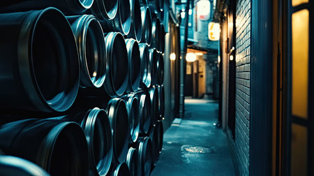 An enchanting urban alleyway bathed in soft light features metal barrels stacked neatly against the wall, showcasing city life at night.の素材