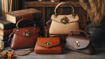 Discover an elegant collection of stylish handbags arranged beautifully on a rustic wooden table, surrounded by vintage books and home decor, showcasing timeless fashion.の素材