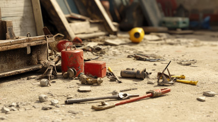 A close-up view of a cluttered workshop floor showcasing an assortment of tools and equipment such as canisters, wrenches, and screws scattered around.の素材