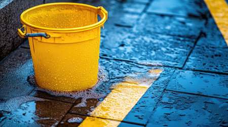 A bright yellow bucket rests on a wet pavement, surrounded by puddles and reflections, capturing the essence of urban life after rain.の素材
