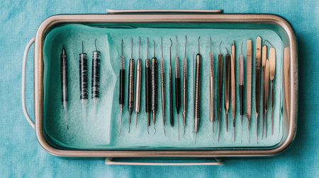 A collection of surgical instruments neatly organized in a metal tray on a vibrant blue surface, showcasing the precision and care used in medical and dental procedures.の素材