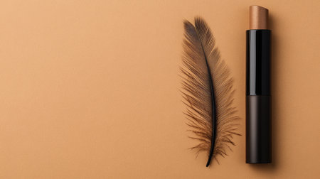 This stunning image features a sleek makeup product alongside an elegant feather, set against a warm beige background, perfect for beauty brands and aesthetics.の素材