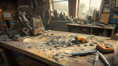 A rustic woodworking workspace featuring a cluttered table with various tools, sawdust, and warm sunlight illuminating the space, showcasing creativity and craftsmanship.の素材