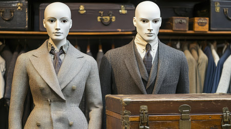 Two elegant mannequins showcase modern tailored suits in a vintage clothing store. The stylish display highlights craftsmanship and fashion trends.の素材