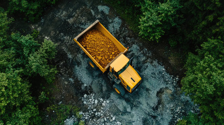 This aerial image showcases a yellow dump truck filled with gravel, stationed at a construction site amidst a vibrant green landscape, illustrating heavy machinery in action.の素材
