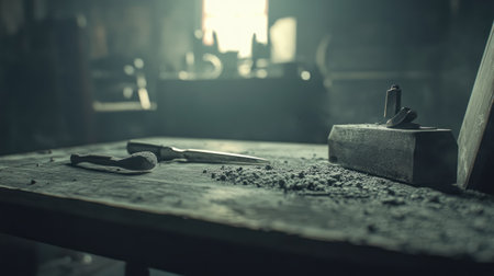 A serene workshop scene featuring a wooden table, tools scattered with sawdust, and soft sunlight filtering through a window, creating an inspiring atmosphere.の素材