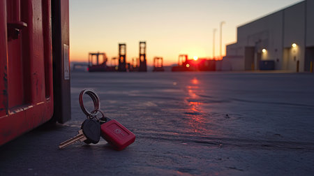 A captivating close-up image of keys resting on the ground during a scenic sunset in an industrial setting, symbolizing adventure and freedom.の素材